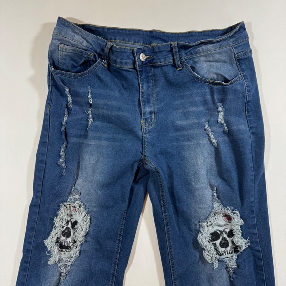 Stretchy Jeans Skull Ripped Denim Blue L Unique Grunge Rocker Punk Streetwear - Picture 4 of 11